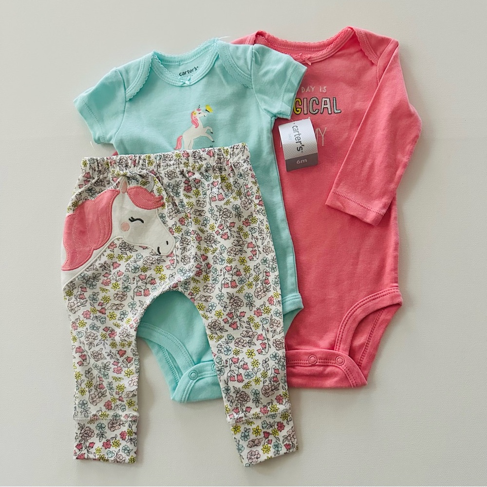 Carter’s 6 Months Baby Girl Unicorn Bodysuit Pants Set Outfit NWT Pink Floral - Picture 1 of 5